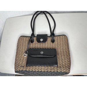 Brighton weaved handbag, leather trim, black front pocket snap heart charm insid